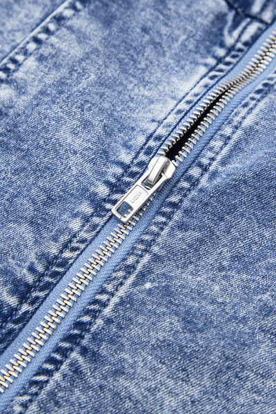 Blue Frill Square Neck Puff Sleeve Backless Denim Dress