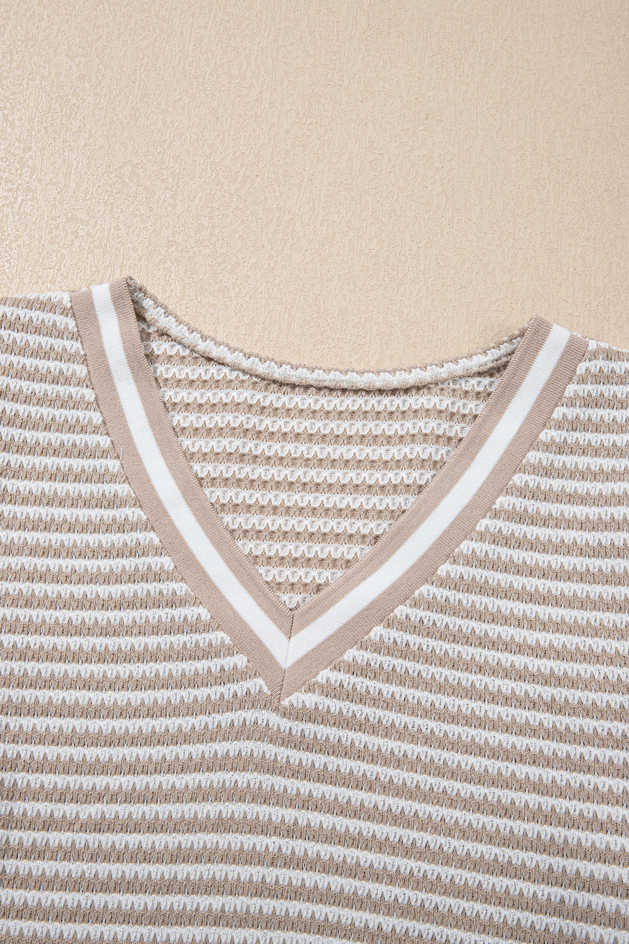Beige Striped Waffle Knit V-Neck Sweater