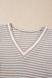 Beige Striped Waffle Knit V-Neck Sweater