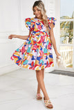 Abstract Print Flutter Sleeve Tiered Mini Dress