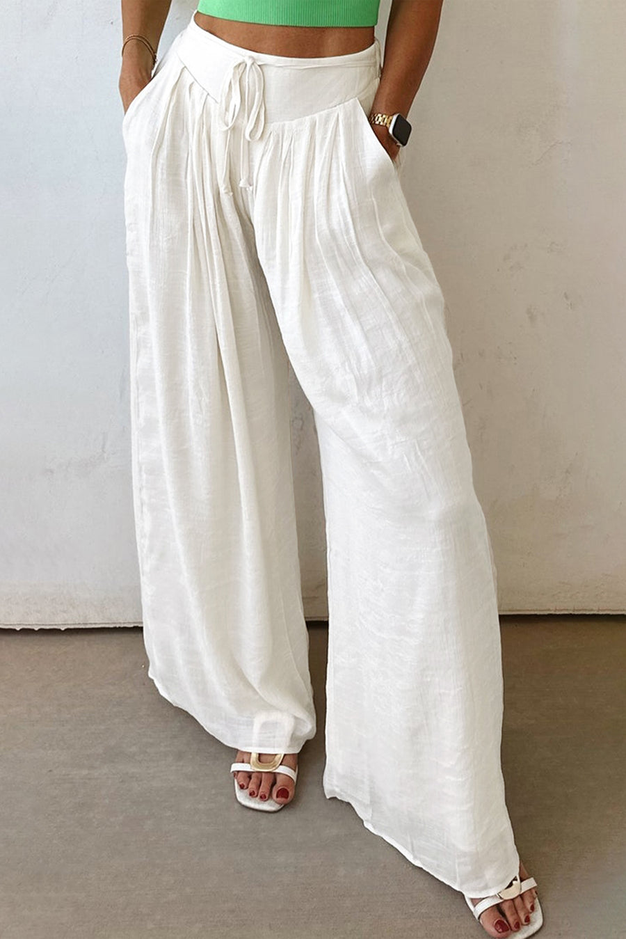 White Pleated Loose Fit Wide Leg Pants