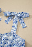 Sky Blue Floral Print Knot Straps High Waist Flared Maxi Dress