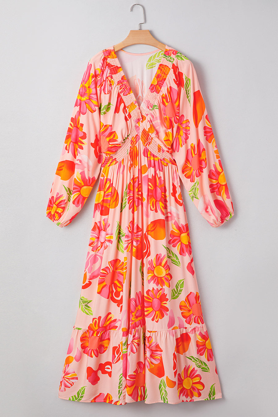 Fuchsia Multi Floral Shirred Long Sleeve Flowy Maxi Dress with Pockets