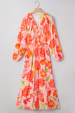 Fuchsia Multi Floral Shirred Long Sleeve Flowy Maxi Dress with Pockets