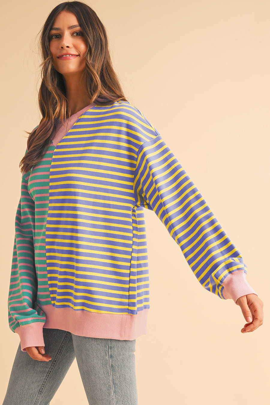 Striped Color Block Drop Shoulder Oversized Sweatshirt- 2 Colors