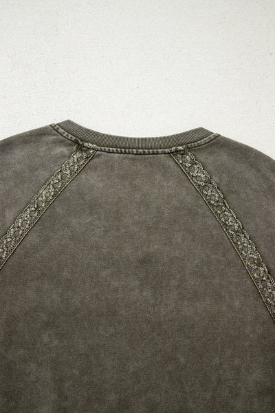 Rose Red Lace Applique Notched Neck Mineral Wash Baggy Sweatshirt