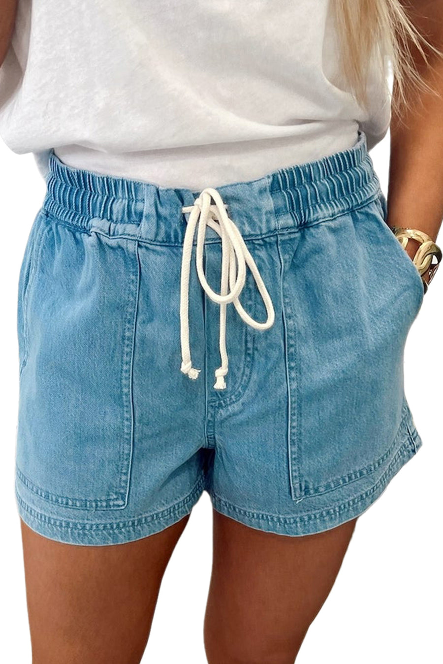 Drawstring Elastic Waist Denim Shorts