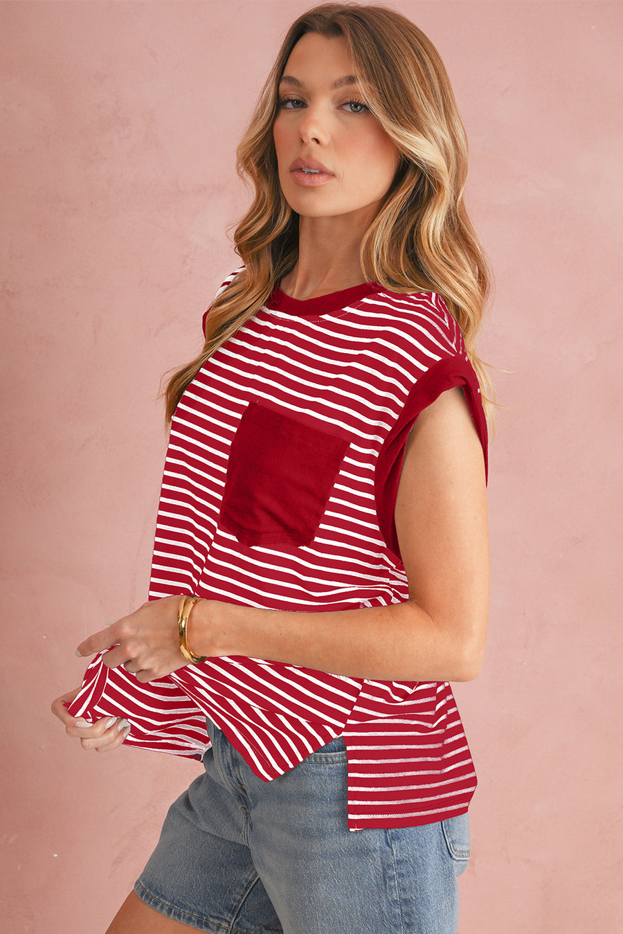 Striped Chest Pocket Crew Neck Muscle Tee- 2 Colors