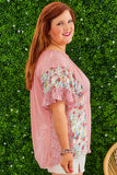 Pink Plus Size Floral Patchwork Ruffle Short Sleeve Blouse