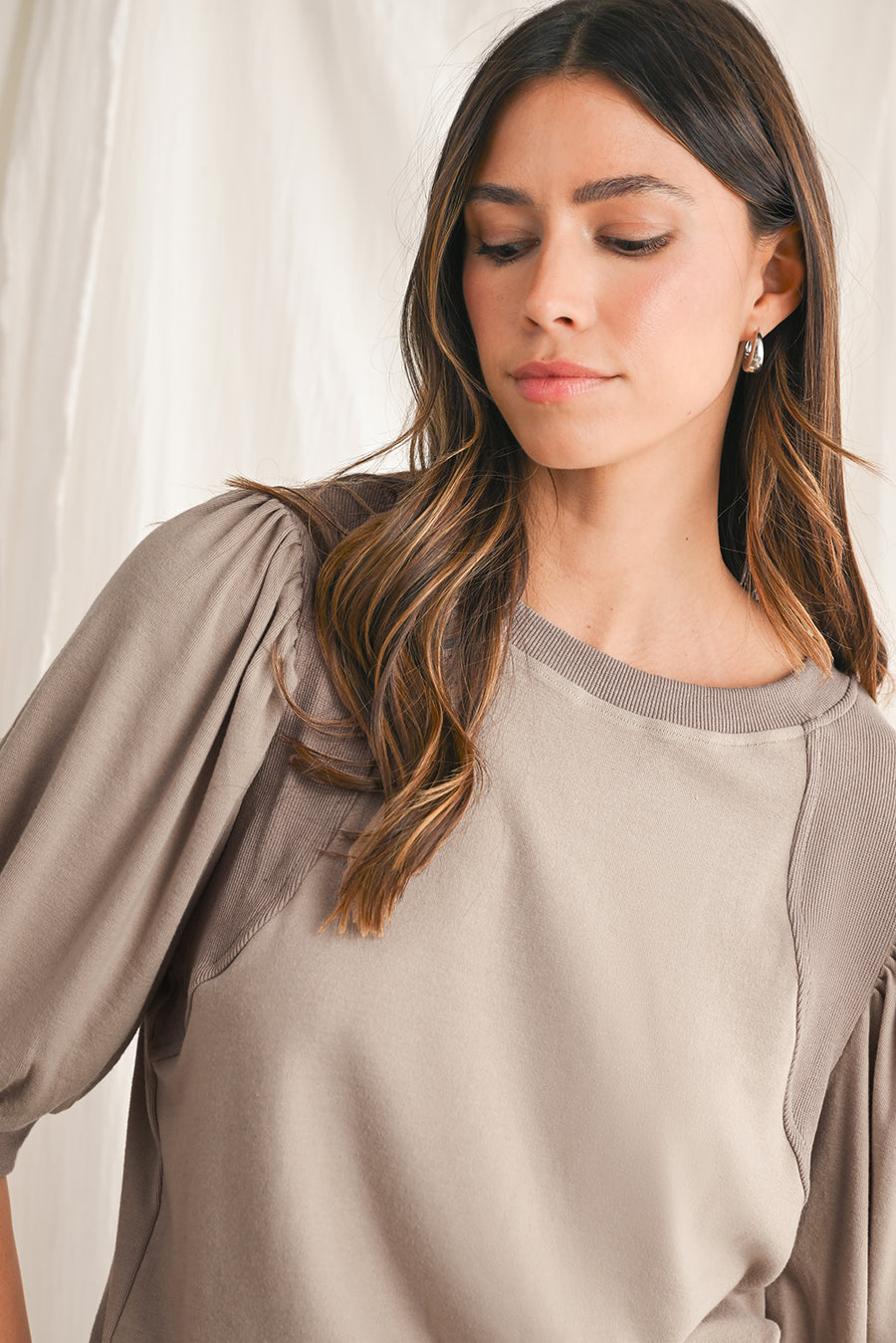 Mocha Bishop Sleeve Contrast Trim Crew Neck Blouse