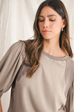 Mocha Bishop Sleeve Contrast Trim Crew Neck Blouse