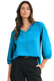 Frill V-Neck Lantern Sleeve Crinkled Blouse- 3 Colors