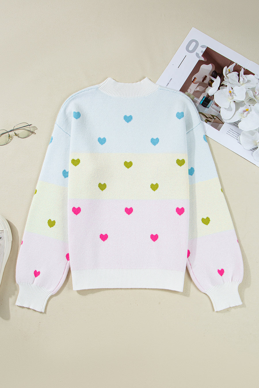 Multicolored Hearts Color Block High Neck Sweater