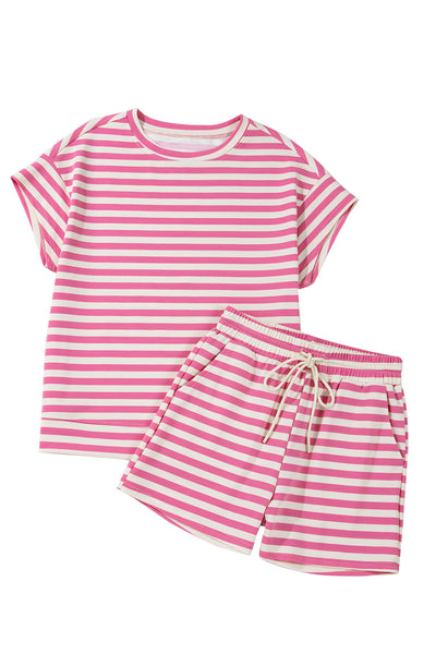 Pink Striped Crew Neck T-Shirt and Drawstring Shorts Set