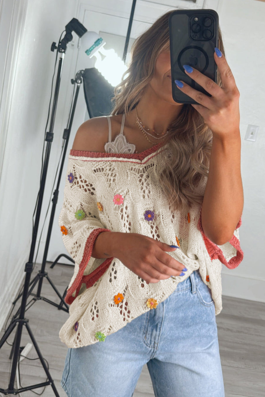 Ivory Floral Crochet Contrast Trim Knit Sweater