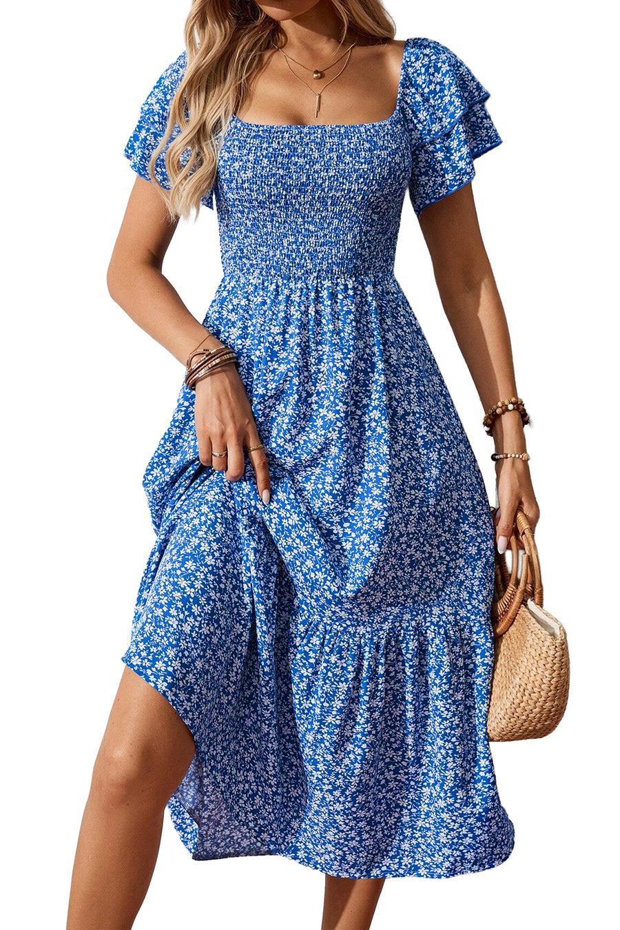 Floral Print Smocked Ruffle Sleeves Dress B