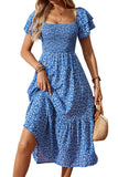 Floral Print Smocked Ruffle Sleeves Dress B
