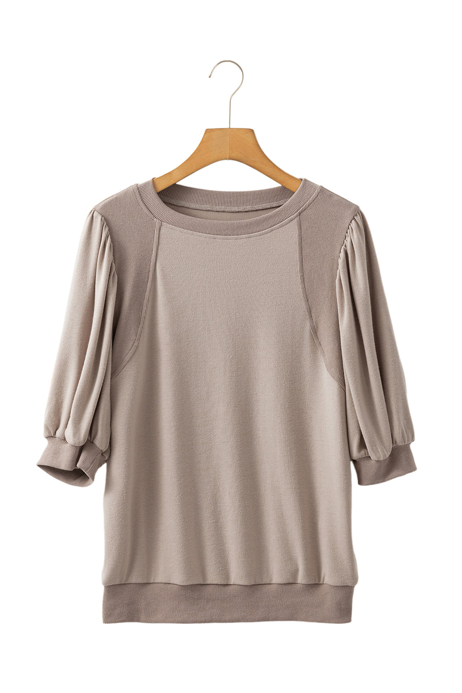 Mocha Bishop Sleeve Contrast Trim Crew Neck Blouse