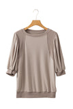 Mocha Bishop Sleeve Contrast Trim Crew Neck Blouse