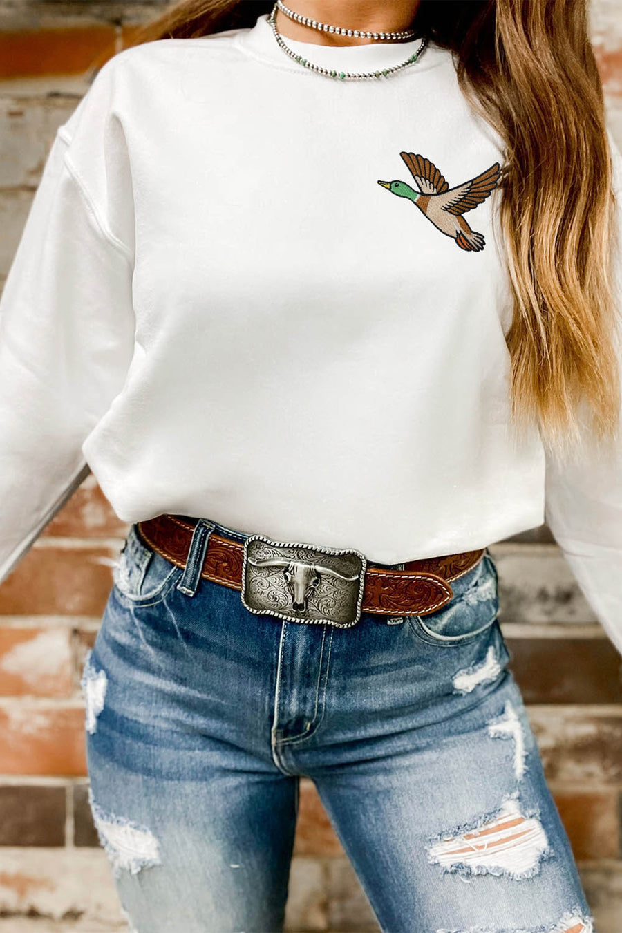 White Embroidered Mallard Duck Relaxed Sweatshirt