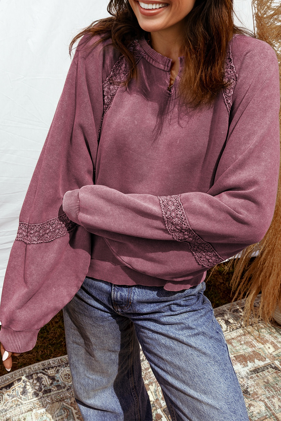 Lace Applique Notched Neck Mineral Wash Baggy Sweatshirt- 4 Colors