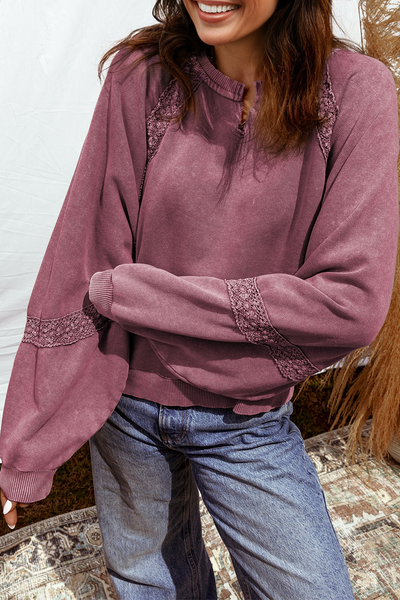 Rose Red Lace Applique Notched Neck Mineral Wash Baggy Sweatshirt