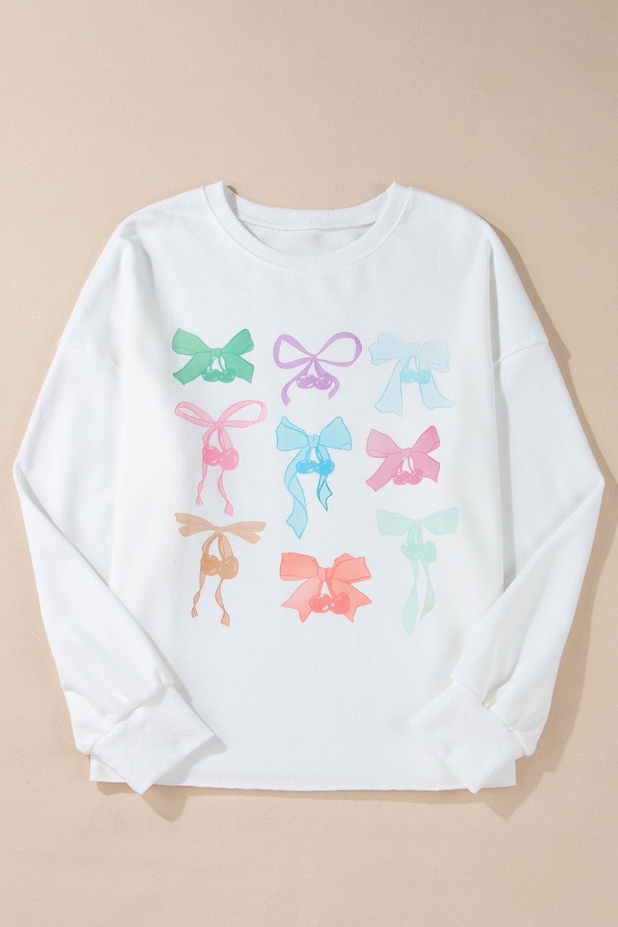 White & Pastel Bows Loose Fit Drop Sleeve Sweatshirt