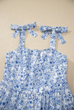 Sky Blue Floral Print Knot Straps High Waist Flared Maxi Dress