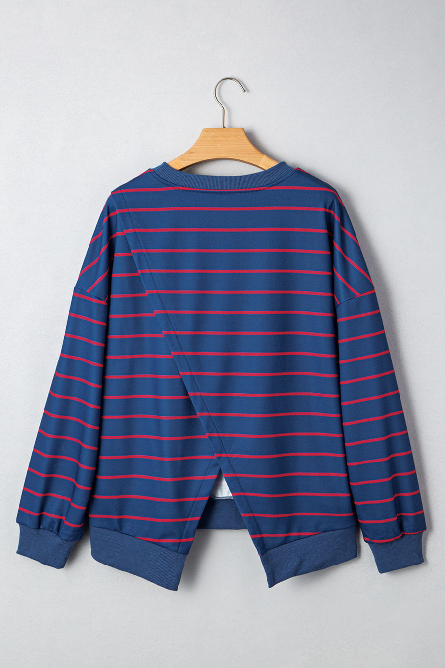 Striped Overlap Back Drop Shoulder Pullover Sweatshirt- 2 Colors