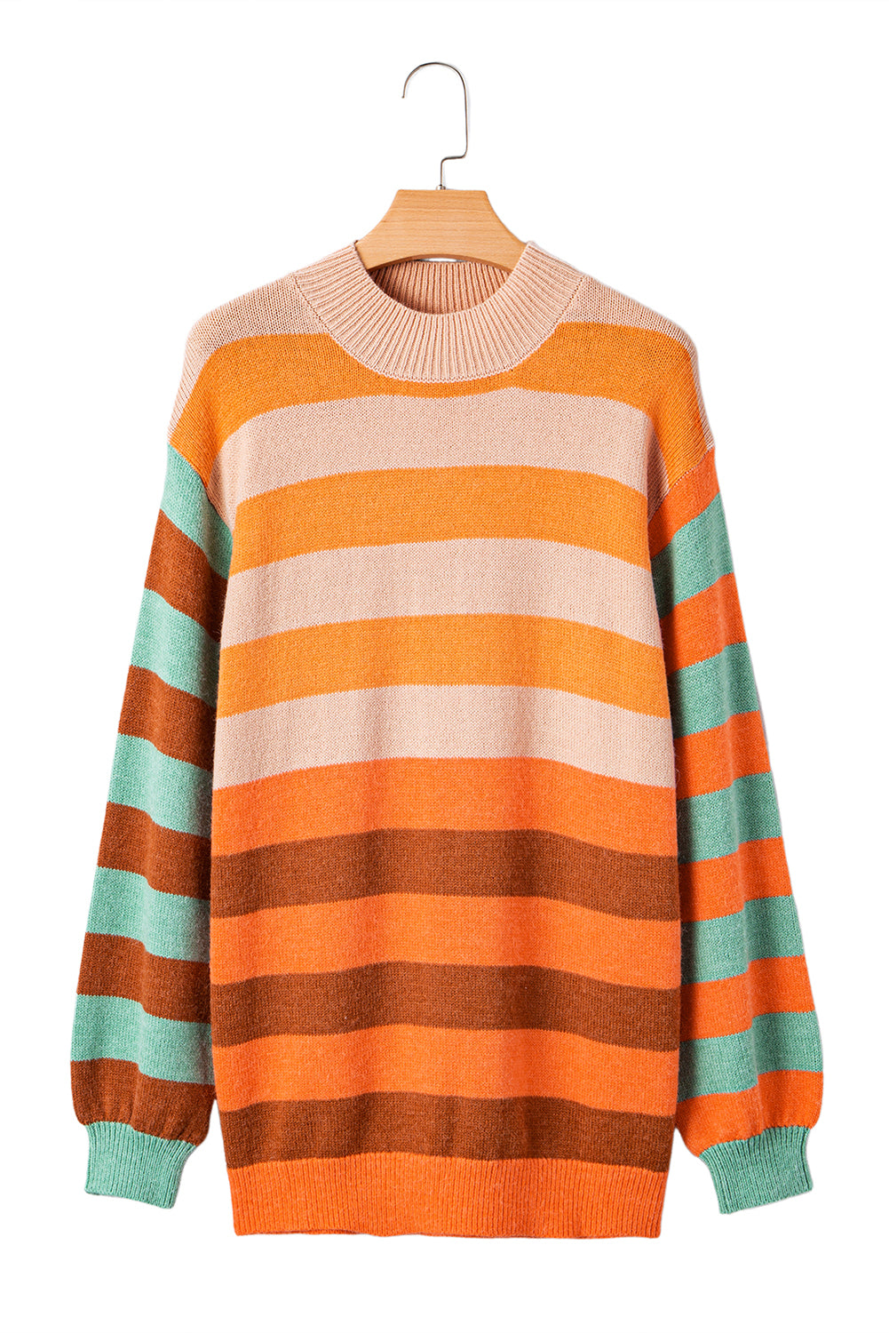 Orange Striped Colorblock High Neck Drop Shoulder Cozy Sweater