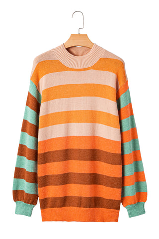 Orange Striped Colorblock High Neck Drop Shoulder Cozy Sweater