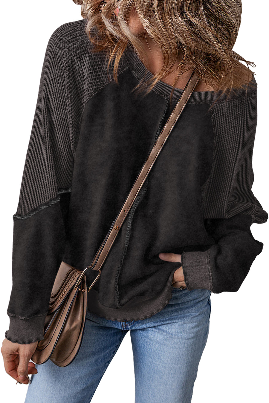 Waffle Knit Patchwork Raglan Sleeve Sweatshirt- 3 Colors