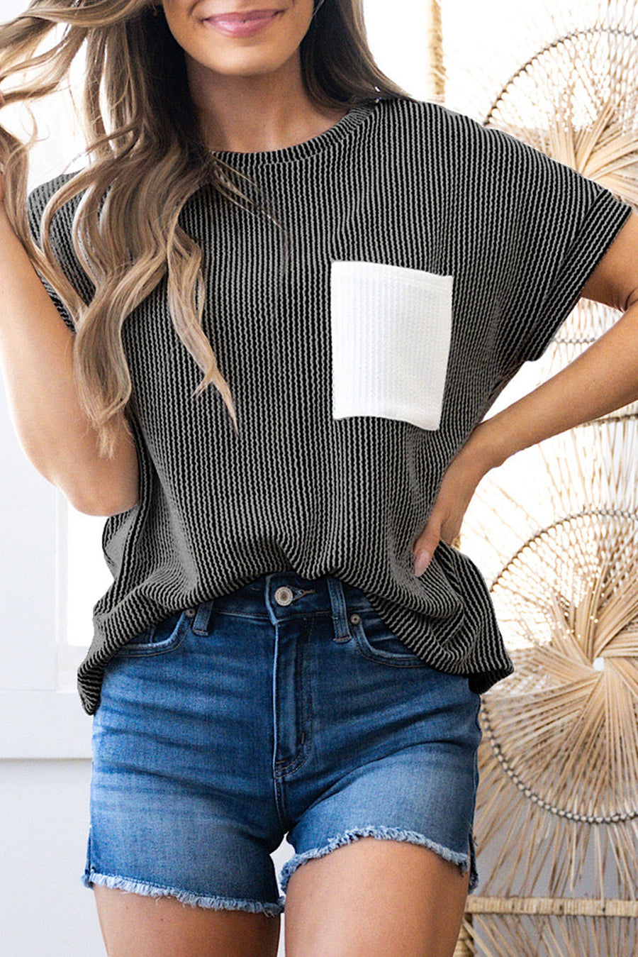 Twist Ribbed Color Block Pocket Crew Neck T-Shirt- 4 Colors