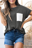 Twist Ribbed Color Block Pocket Crew Neck T-Shirt- 4 Colors