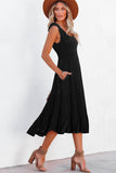 Green Shirred Pleated Square Neck Sleeveless Midi Dress