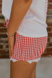 Red Gingham Lace Trim Elastic Waist Shorts