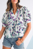 Purple Floral Ricrac Trim Short Puff Sleeve Peplum Blouse
