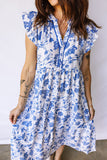 Blue Floral Ruffled Short Sleeve Tiered Midi Dress