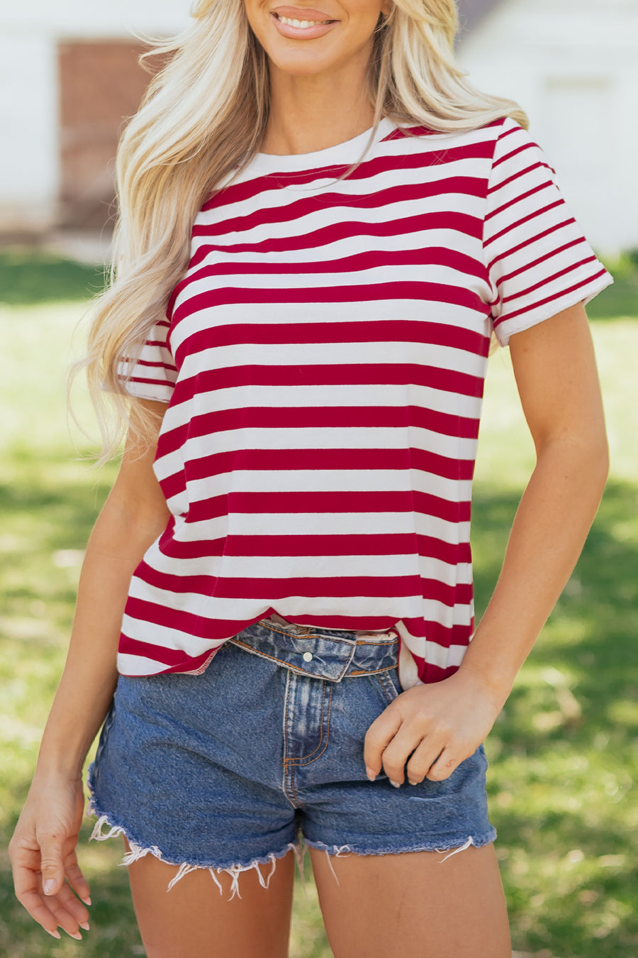 Red and White Striped Crew Neck T-Shirt