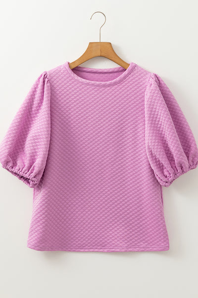 Orchid Textured Crew Neck Puff Sleeve Blouse