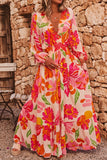 Fuchsia Multi Floral Shirred Long Sleeve Flowy Maxi Dress with Pockets