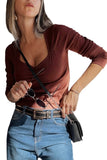 Burgundy Ruched Sweetheart Neck Ribbed Long Sleeve Top