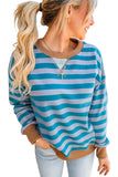 Teal Striped Contrast Color Ribbed Trim Crew Neck Drop Shoulder Sweatshirt