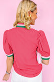 Puff Sleeve Color Block Frill V-Neck Blouse