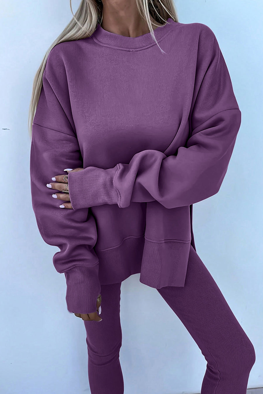 Oversized Split Hem Sweatshirt & Ribbed Leggings Set- 3 Colors