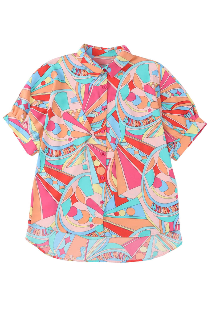 Multicolored Abstract Print Short Sleeve Loose Fit Button-Up Blouse