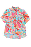 Multicolored Abstract Print Short Sleeve Loose Fit Button-Up Blouse
