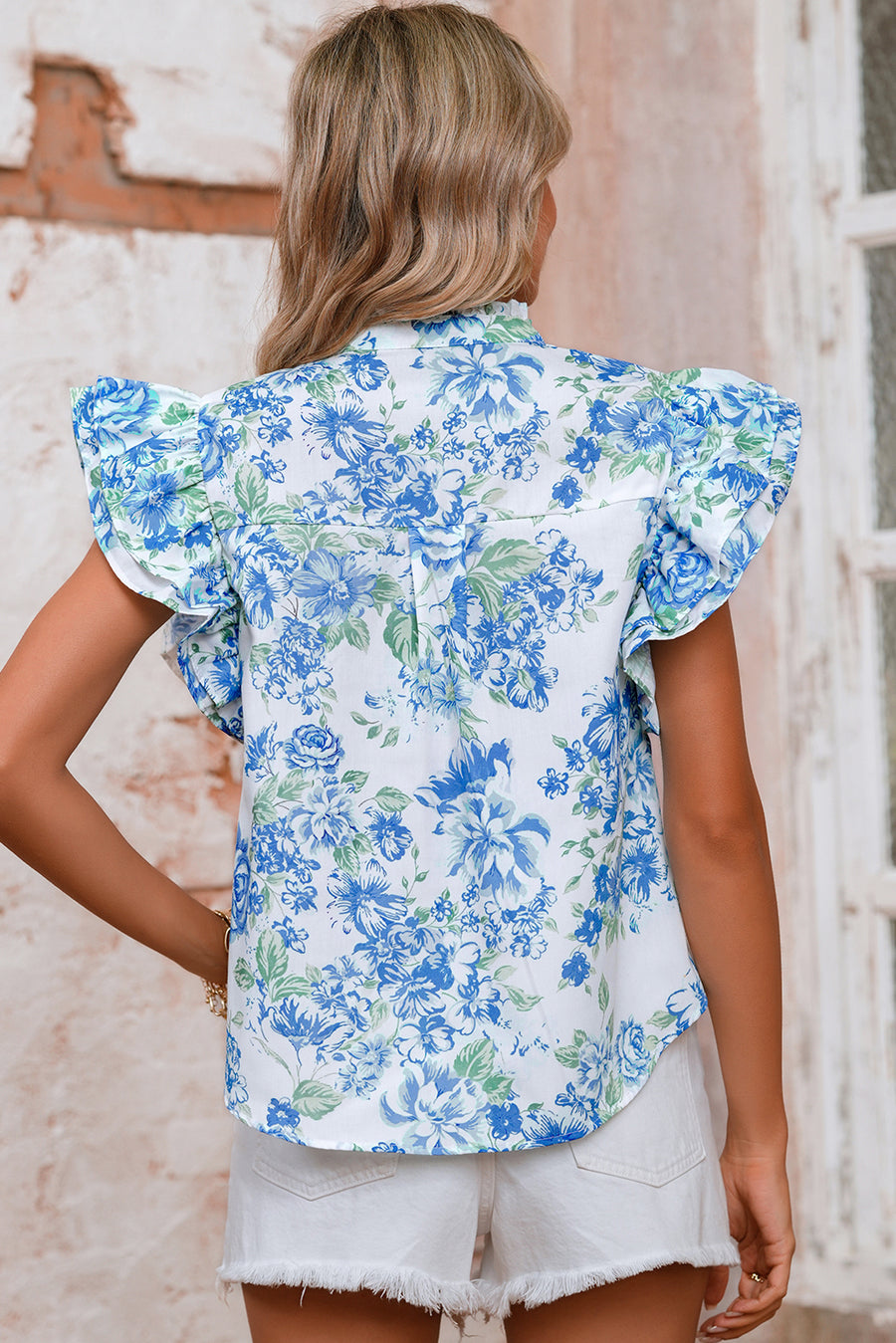 Floral Ruffle Sleeve Frilly Button-Up Blouse- 2 Colors