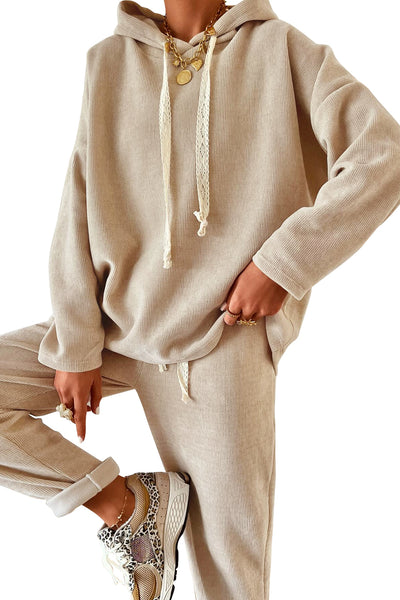 Dark Khaki Drawstring Pullover Hoodie and High Waist Pants Corduroy Suit