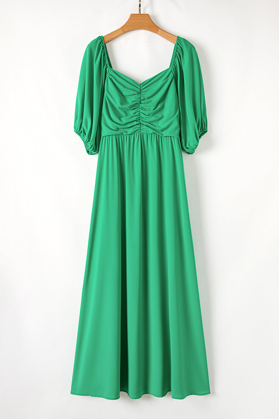 Bright Green Ruched Front Puff Sleeve Plus Size Maxi Dress